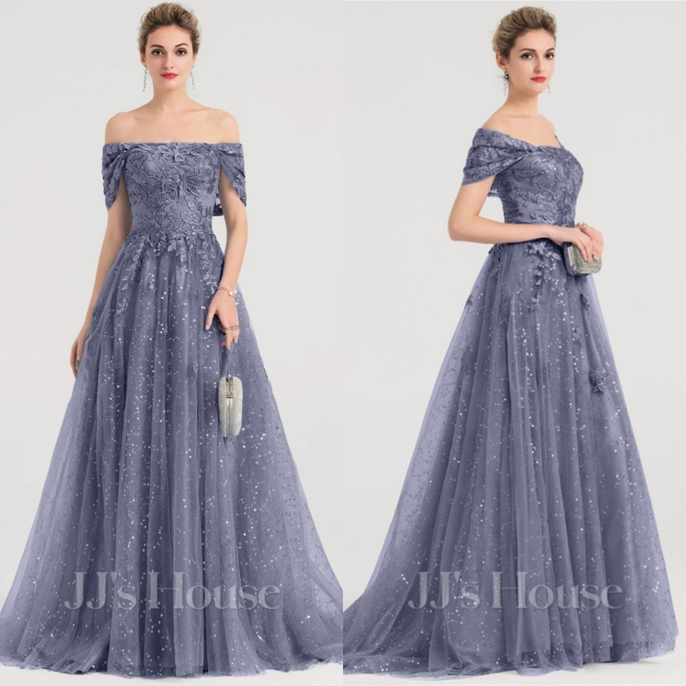 JJs House Princess Off Shoulder Sweep Train Tulle Sequin Lace Gown Dress Stormy - Picture 3 of 4